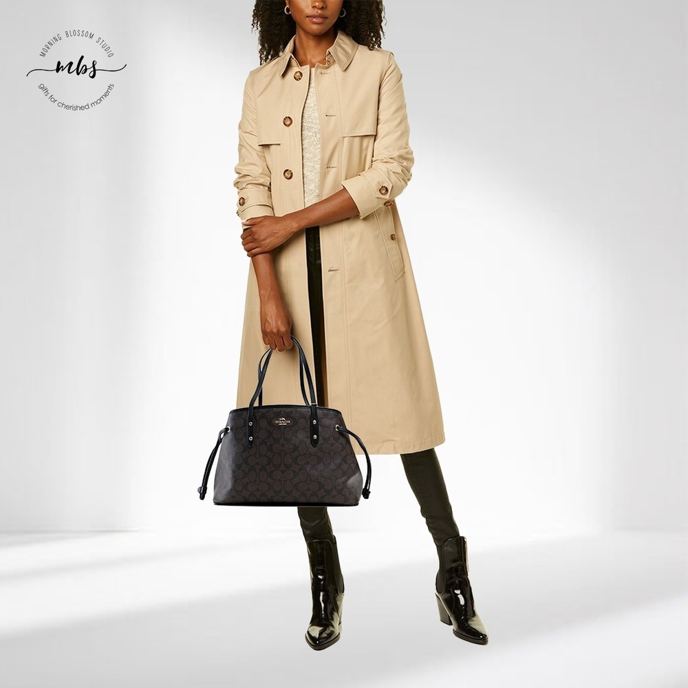 Coach Signature Canvas Drawstring Carryall Tote Shoulder Bag Brown Black